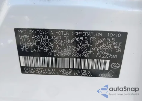 2011 Lexus Es 350 z USA, uszkodzony, nr VIN JTHBK1EG5B2424746